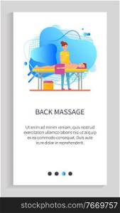 Back massage vector, woman massaging body and muscles of client flat style, therapist with customer laying on table, oils and lotions usage. Website or app slider template, landing page flat style. Back Massage Woman Therapist with Client on Table