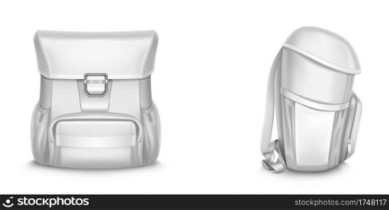 Back pack vector 3d mockup, kids backpack, school bag front and side view, blank student rucksack, white knapsack or schoolbag with slings, pocket on zip lock and clasp isolated Realistic mock up. Back pack vector mockup, backpack, kids schoolbag