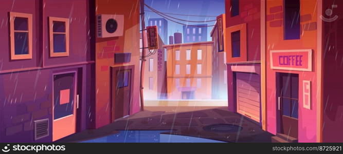 Back street alley with houses, store and cafe in rain. Empty alleyway with town buildings with brick walls, doors and windows in rainy weather, vector cartoon illustration. Back street alley with houses, store, cafe in rain