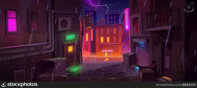 Back street alley with old city houses in rain at night. Empty dark alleyway with town buildings, neon signs on brick walls, trash bins and lightning in sky, vector cartoon illustration. Back street alley with old houses in rain at night