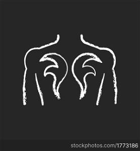 Back tattoo chalk white icon on dark background. Tattoo master creating beautiful works. Client get back painted with ink. Creating unique painting. Isolated vector chalkboard illustration on black. Back tattoo chalk white icon on dark background