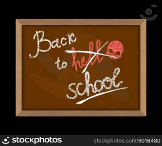 Back to hell (crossed out in school) and skull. Hooligan Inscription in chalk on Blackboard. School vector illustration&#xA;