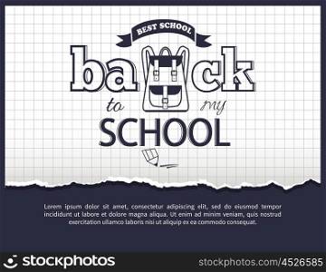 Back to my School Black-and-White Isolated Sticker. Back to my school black-and-white cartoon style sticker with inscription. Vector of backpack along with graphite pencil on checkered background