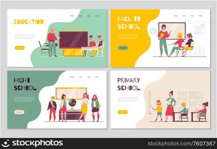 Back to primary high school education 4 flat horizontal banners with classroom lesson teacher schoolchildren vector illustration