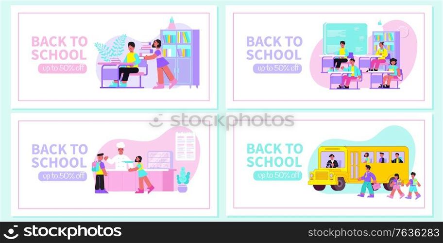 Back to school 4 flat web banners set with library classroom lesson canteen yellow bus vector illustration