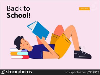 Back to school. A guy in a blue T-shirt and yellow shorts is lying down reading a book. Vector illustration.. Back to school. Colorful vector illustration, banner. Clipart on the topic of education, school.