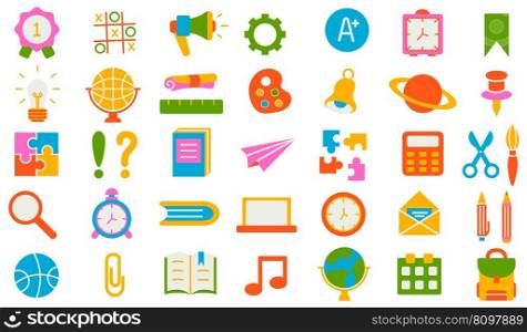 Back to school. A set of flat icons of stationery for studying at school. Collection of isolated education colorful kids accessory. vector object stuff design. cartoon graphic patch element children.. Back to school. A set of flat icons of stationery for studying at school. Collection of isolated education colorful kids accessory. vector object stuff design. cartoon graphic patch element children
