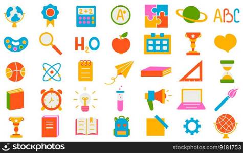 Back to school. A set of flat icons of stationery for studying at school. Collection of isolated education colorful kids accessory. vector object stuff design. cartoon graphic patch element children.. Back to school. A set of flat icons of stationery for studying at school. Collection of isolated education colorful kids accessory. vector object stuff design. cartoon graphic patch element children