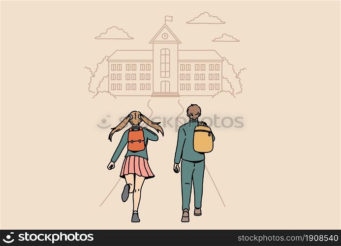 Back to school and education concept. Small boy and girl running backwards to school feeling positive and happy vector illustration . Back to school and education concept