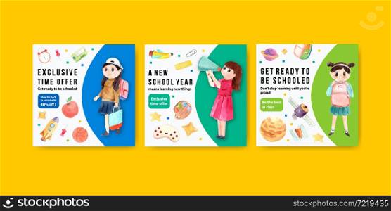 Back to school and education concept with advertising template for brochure and leaflet watercolor Vector Illustration.