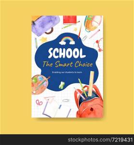 Back to school and education concept with poster template for brochure and advertising watercolor Vector Illustration.