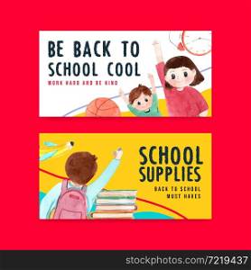 Back to school and education concept with twitter template for advertising online and digital marketing watercolor Vector Illustration.