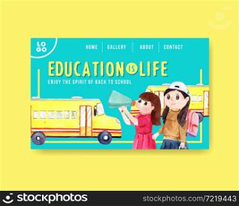 Back to school and education concept with website template for advertising online and internet watercolor Vector Illustration.