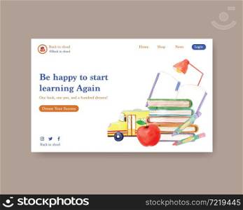 Back to school and education concept with website template for advertising online and internet watercolor Vector Illustration.