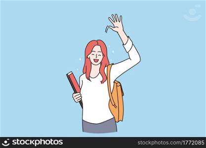 Back to school and education concept. Young happy positive schoolchild girl cartoon character standing looking and waving hand feeling positive vector illustration . Back to school and education concept