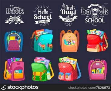 Back to school and first day in college, squared page with backpack. Chancellery in bag, pen and notebook, paints and tassel, knowledge symbol vector. Set of backpaks. Flat cartoon isometric 3d. First Day or Back to School, Full Backpack Vector