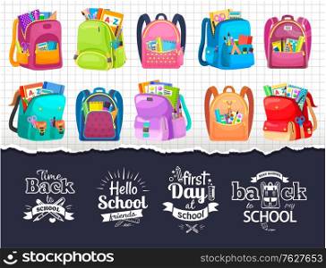 Back to school and first day in college, squared page with backpack. Chancellery in bag, pen and notebook, paints and tassel, knowledge symbol vector. Set of backpaks. Flat cartoon isometric 3d. First Day or Back to School, Full Backpack Vector