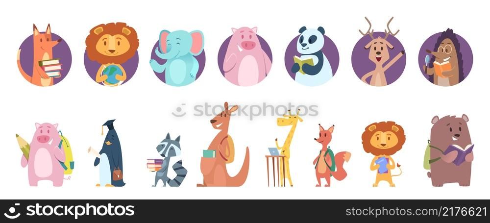 Back to school animal. Wild animals avatars, read books. Lion pig giraffe and bear, cute reading book vector characters. School animal, lion and raccoon, fox and panda illustration. Back to school animal. Wild animals avatars, read books. Lion pig giraffe and bear, cute reading book vector characters