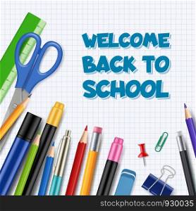Back to school background. Pen with pencils office supply tools collection stationary vector realistic picture children education theme. Illustration of back school banner with stationary ballpoint. Back to school background. Pen with pencils office supply tools collection stationary vector realistic picture children education theme