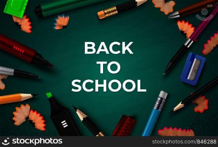 Back to school background. Realistic stationery on chalkboard, pen pencil brush and marker. Vector 3D school educational poster with color design elements. Back to school background. Realistic stationery on chalkboard, pen pencil brush and marker. Vector 3D school educational poster