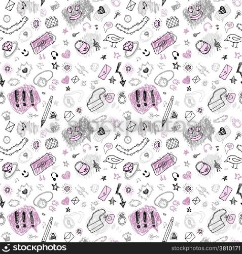 Back to school background. Set of elements, signs and symbols. Hand drawn seamless pattern.