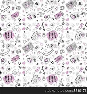 Back to school background. Set of elements, signs and symbols. Hand drawn seamless pattern.