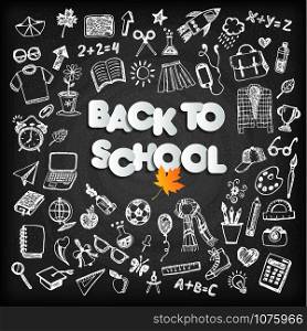 Back to school background set on black chalk board. Back to school background set on black board