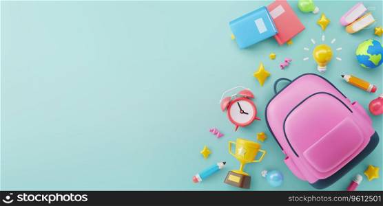 Back to School background template with school backpack,pencil,books, alarm clock and Education elements in flat lay style, 3D Illustration.Vector illustration eps 10.
