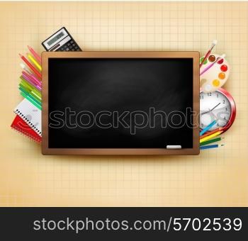Back to school. Background with blackboard and school supplies. Vector.