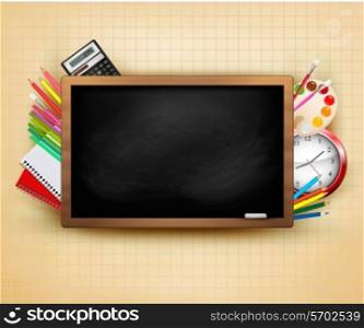 Back to school. Background with blackboard and school supplies. Vector.