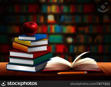 Back to school background with books pencil and apple on table in library realistic vector illustration