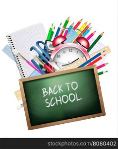 Back to school. Background with colorful supplies. Vector