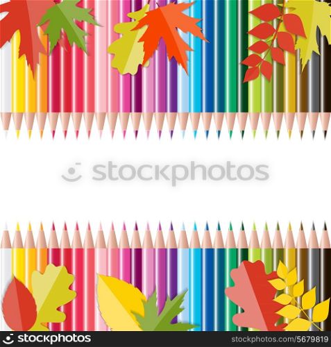 Back to School Background with Leaves and Pencils. Vector Illustration