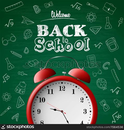 Back to school background with red alarm clock