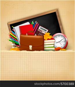 Back to school. Background with school supplies and old paper. Vector