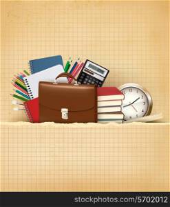 Back to school Background with school supplies and old paper Vector