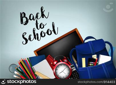 Back To School Background With Supplies And Schoolpack. Layered Vector.