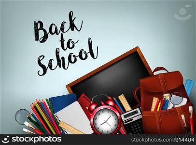 Back To School Background With Supplies And Schoolpack. Layered Vector.