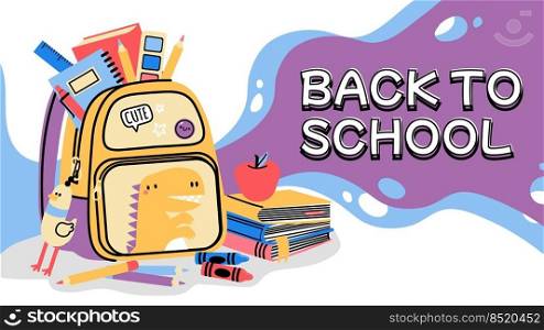 Back to school backpack. Cartoon background kids bag, school accessories, and stationery, autumn colorful sale banner. Vector school supplies advertising. Illustration of school backpack education. Back to school backpack. Cartoon background with kids bag, school accessories, and stationery, autumn colorful sale banner. Vector school supplies advertising