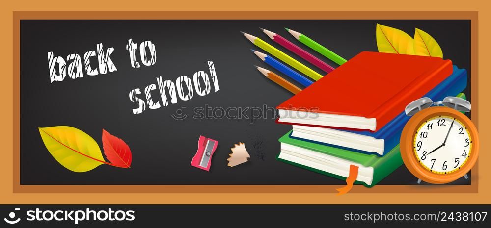 Back to school banner design with stack of notebooks, alarm clock, pencils, sharpener, autumn leaves and chalkboard. Text can be used for signs, brochures, posters