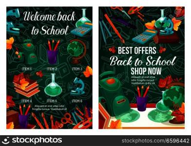 Back to school banner of sale promotion template. Special offer of student items with book, pencil, pen and paint, calculator, globe, backpack and microscope poster with chalkboard on background. Back to school banner of sale promotion template
