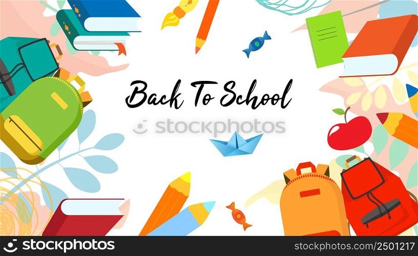 Back to school banner or screen with backpacks, leaves, pencils, books, notebooks, apple, brush. Sale promotional stock for stationery and backpacks for school. Vector illustration of EPS10