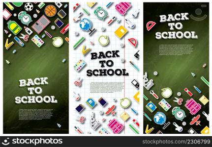 Back To School Banner Set with School Supplies. Vector Illustration. Education Concept. Banner with Green Chalk Board and Copy Space.