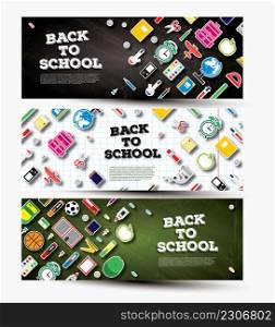 Back To School Banner Set with School Supplies. Vector Illustration. Education Concept. Banner with Green and Black Chalk Board and Copy Space.