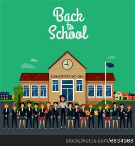 Back to school banner. Teacher with pupils on school yard. Young teacher with pupils. Education. World Book Day. Awareness professor with appreciated students. Education concept. Vector illustration.. Back to School. Teacher with Pupils on School Yard