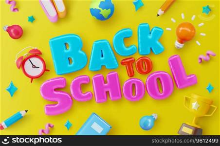 Back to School banner template with Bubble Balloon Text, pencil,books,alarm clock and School elements.Back to School campaign in flat lay styling,Promotion and shopping template for education concept