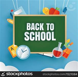 Back to school banner with education items and green chalkboard in paper art style.