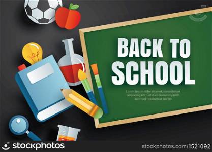 Back to school banner with education items and green chalkboard on black background in paper art style.