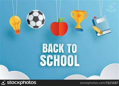 Back to school banner with education items hanging on blue background in paper art style.