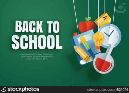 Back to school banner with education items hanging on green chalkboard background in paper art style.